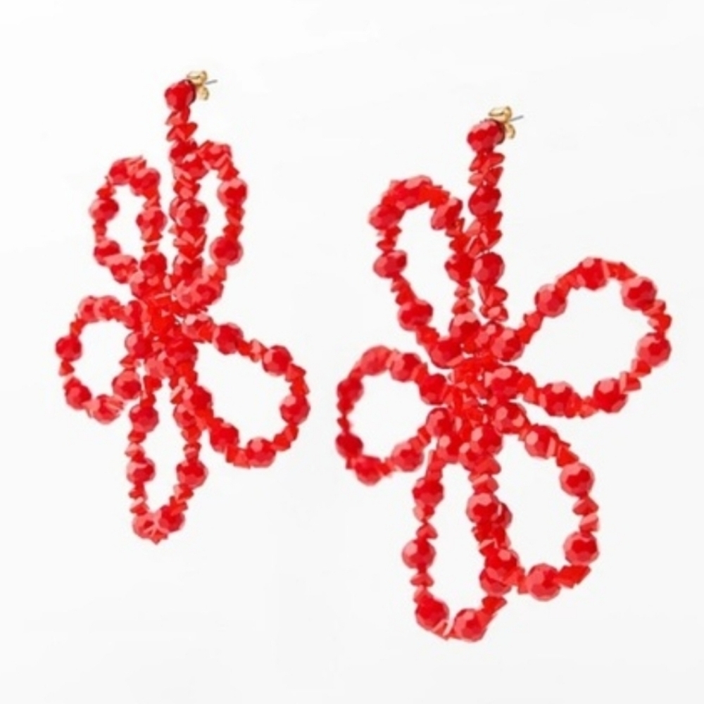 New!  Red beaded flower shape drop earrings As Seen In FARM RIO Website • NWOT - Picture 4 of 11